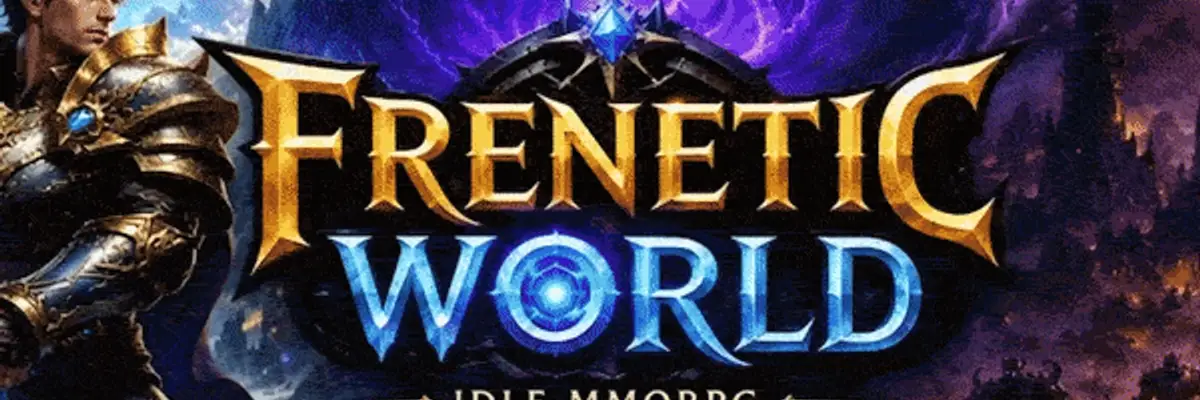 Banner animado de Frenetic World com guerreiro e portal de fantasia